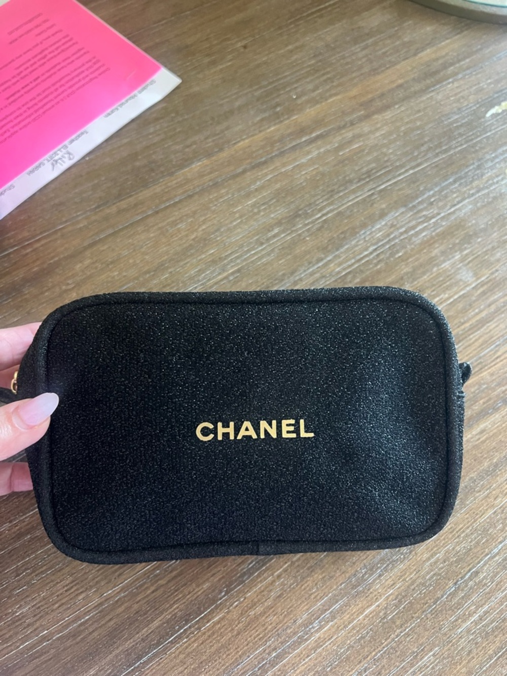 CHANEL Black Glitter Logo Cosmetic Pouch with Gold Lettering
